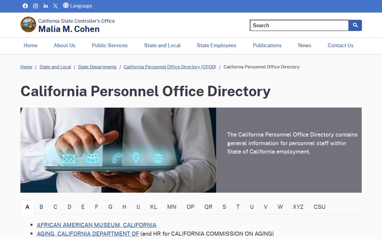 California Personnel Office Directory for state personnel contacts serving Brentwood research