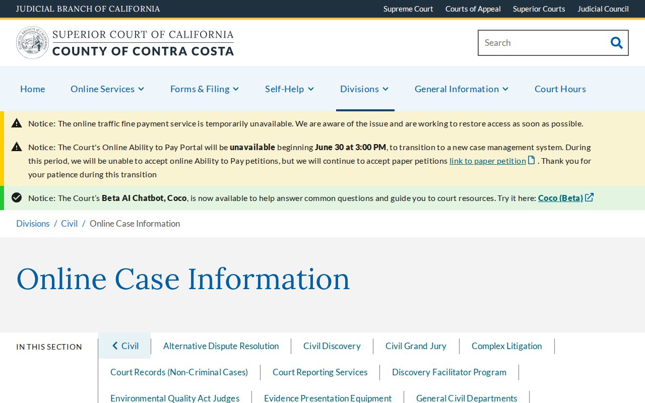 Contra Costa Superior Court online case information for Brentwood directory research