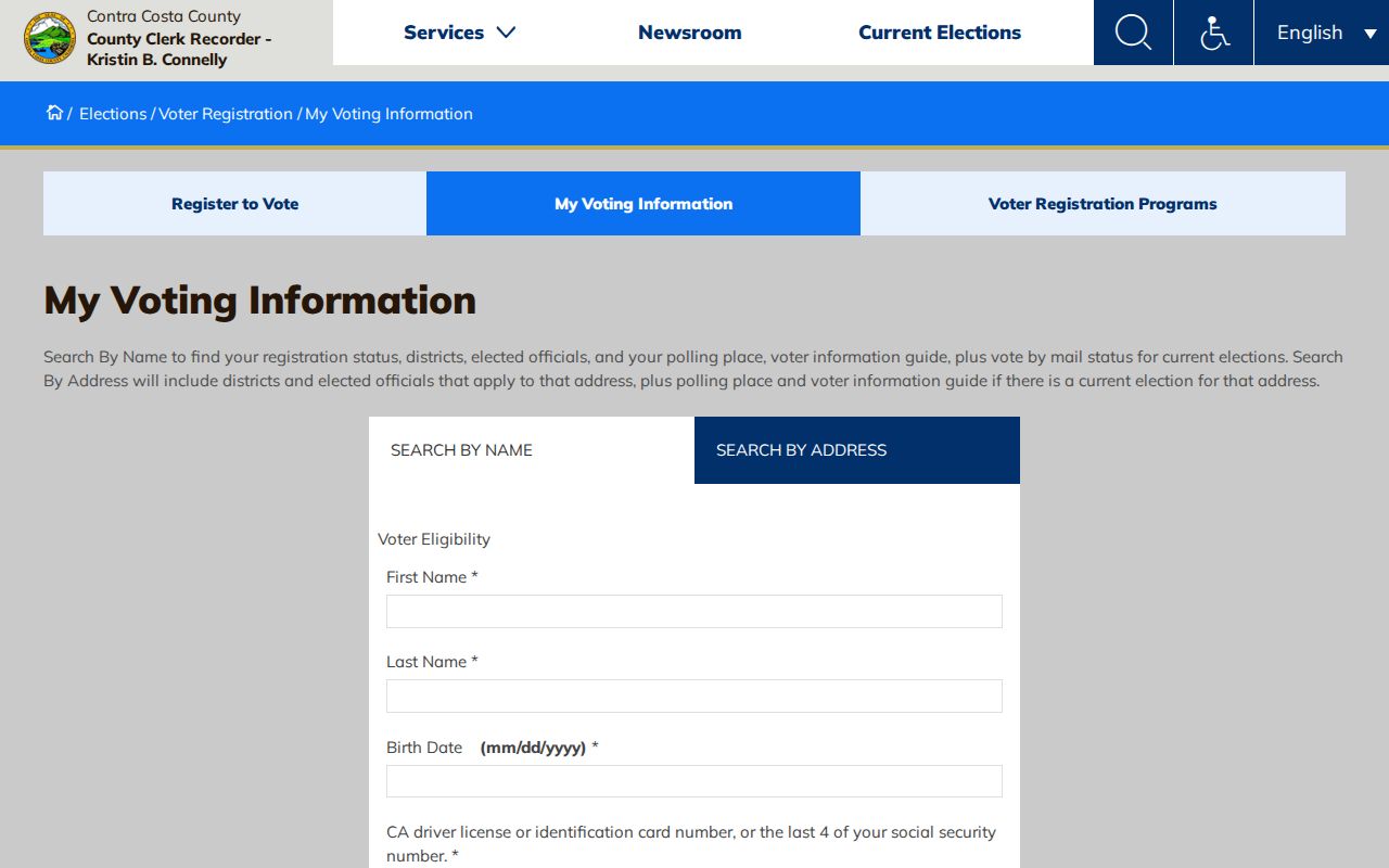 Contra Costa My Voting Information page for Brentwood voter records